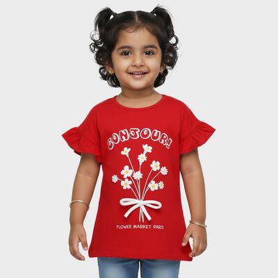 Girls Red 100% Cotton Round Neck Casual T-Shirt