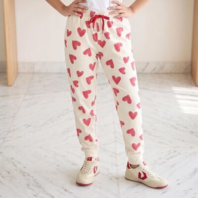 Girls' Cream Jogger Heart Printed Winter Pyjama