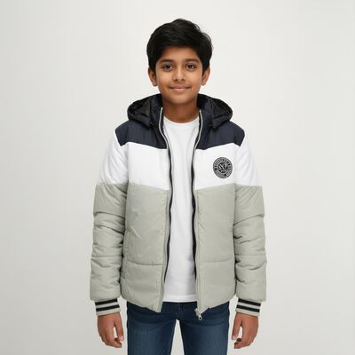 Boys Light Sage Green and Navy Hooded Puffer Jacket