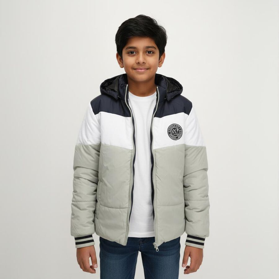 Boys Light Sage Green and Navy Hooded Puffer Jacket, हल्का हरा, large image number null