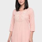 Women's Pink Round Neck Embroidered Kurta, Pink, small