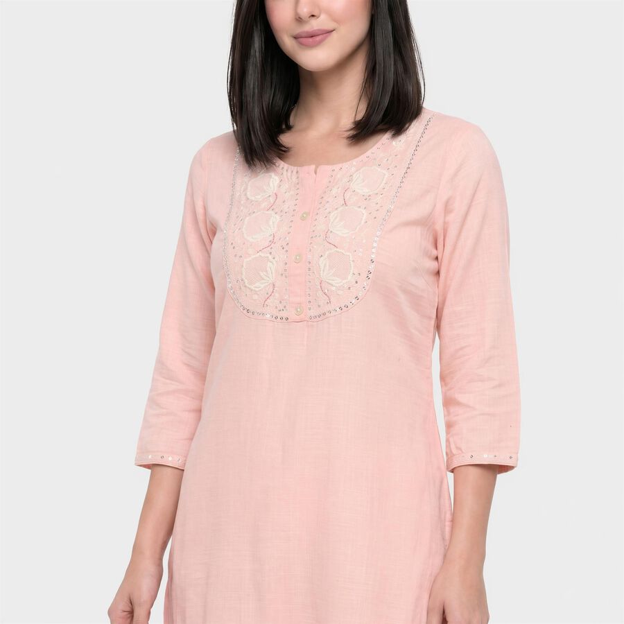 Women's Pink Round Neck Embroidered Kurta, Pink, large