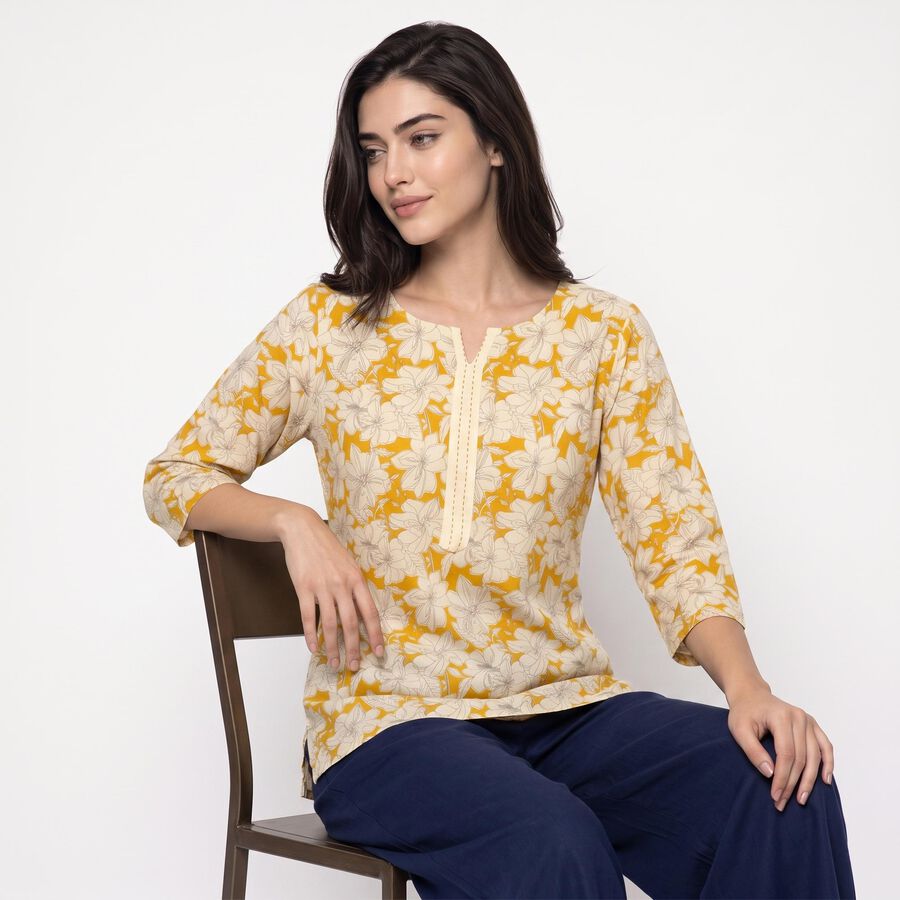 Women's Yellow Notch Neck Floral Printed Kurti, मस्टर्ड, large