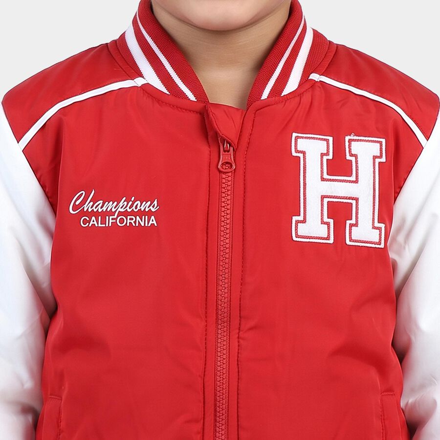 Boys Maroon Stand Collar Varsity Jacket, मरून, large