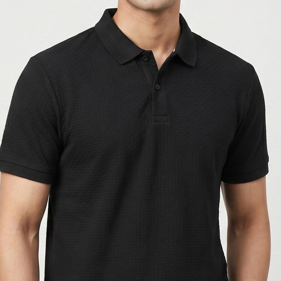 Men's Black Collared Neck Casual T-Shirt, Black, large