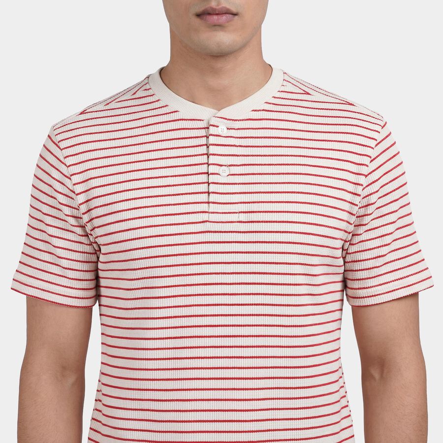 Men's Off-White Henley Neck Casual T-Shirt, Off White, large