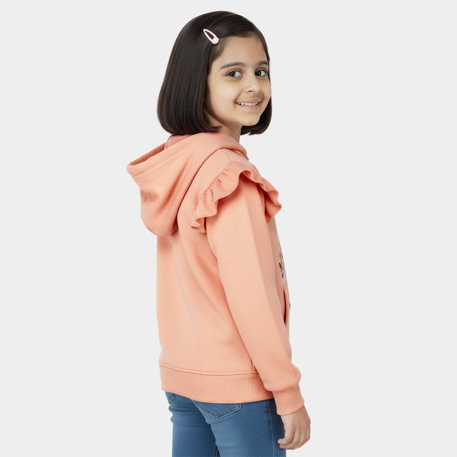 Girls' Soft Peach Hooded Ruffle Sleeve Graphic Sweatshirt, Peach, large image number null