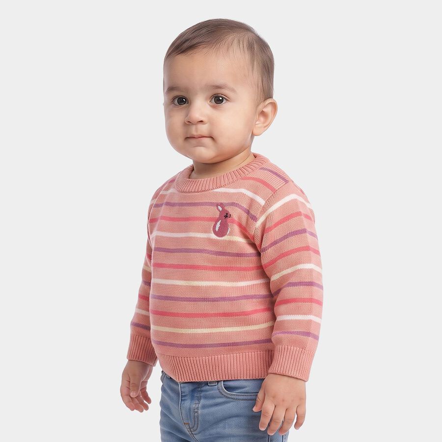 Infants Pink Crew Neck Striped Pullover, हल्का गुलाबी, large