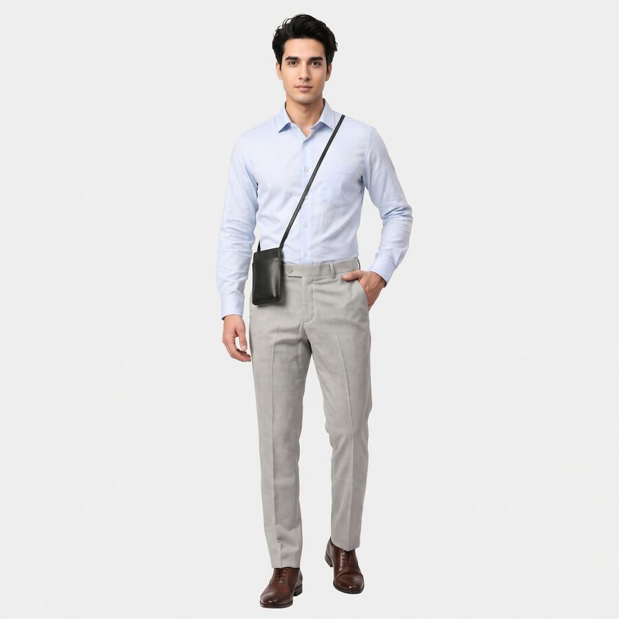 Men's Grey Flat-Front Formal Trousers, Light Grey, large