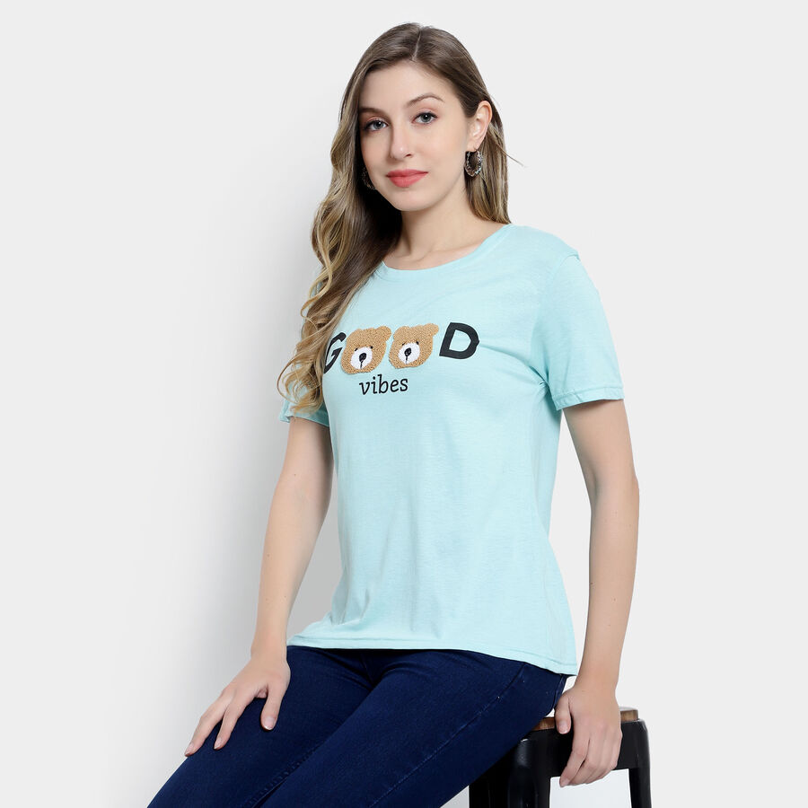 Embellished Round Neck T-Shirt, Aqua, large image number null