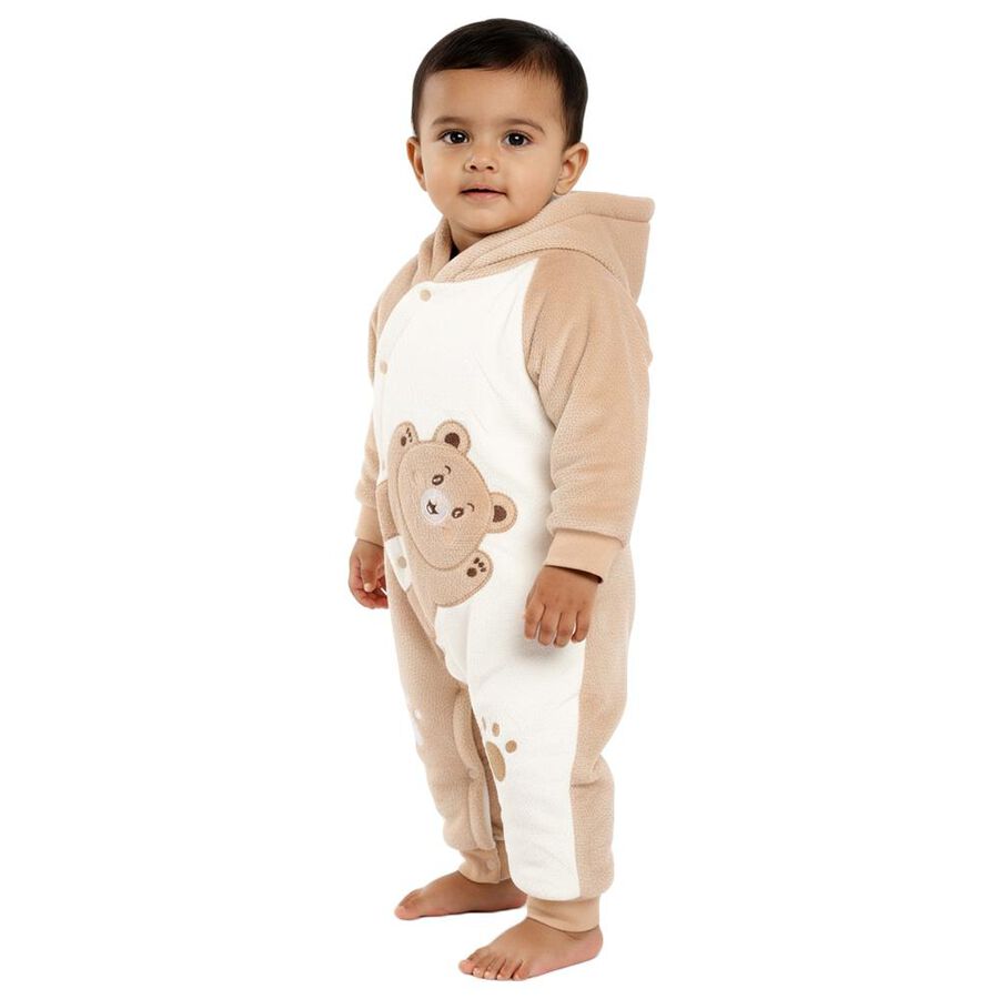 Infants' Beige Hooded Teddy Bear Applique Baba Suit, Beige, large image number null