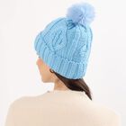 Women's Light Blue Knitted Pom-Pom Beanie Cap, Light Blue, small image number null