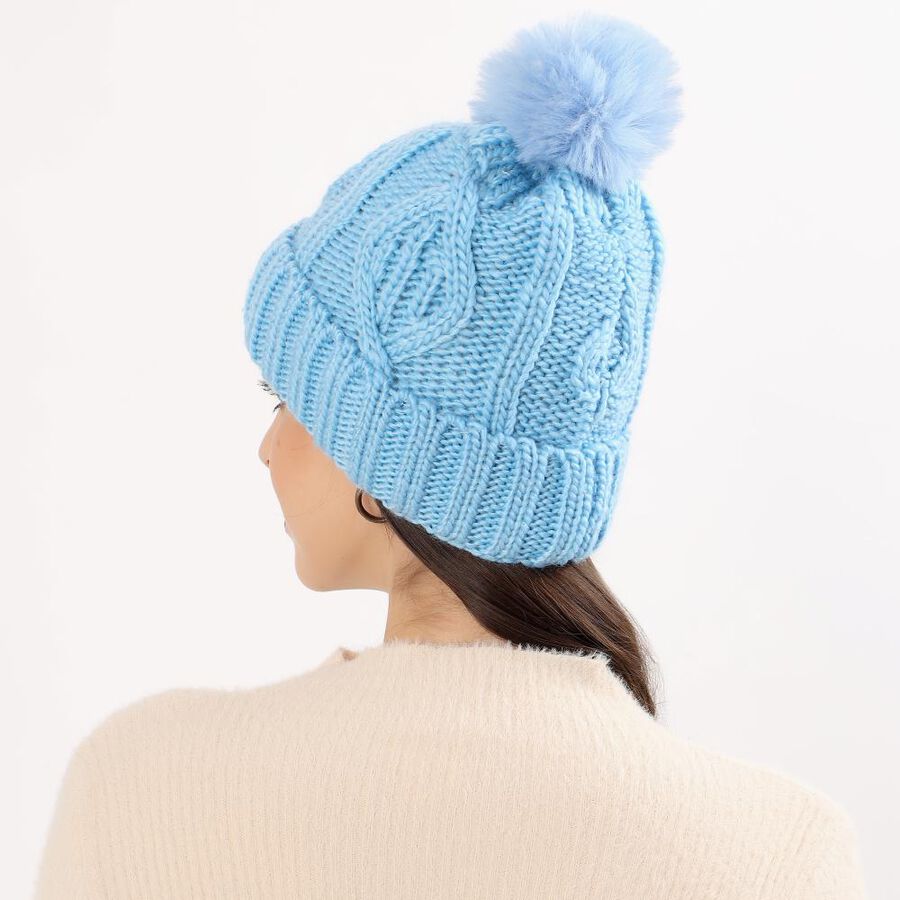 Women's Light Blue Knitted Pom-Pom Beanie Cap, Light Blue, large image number null