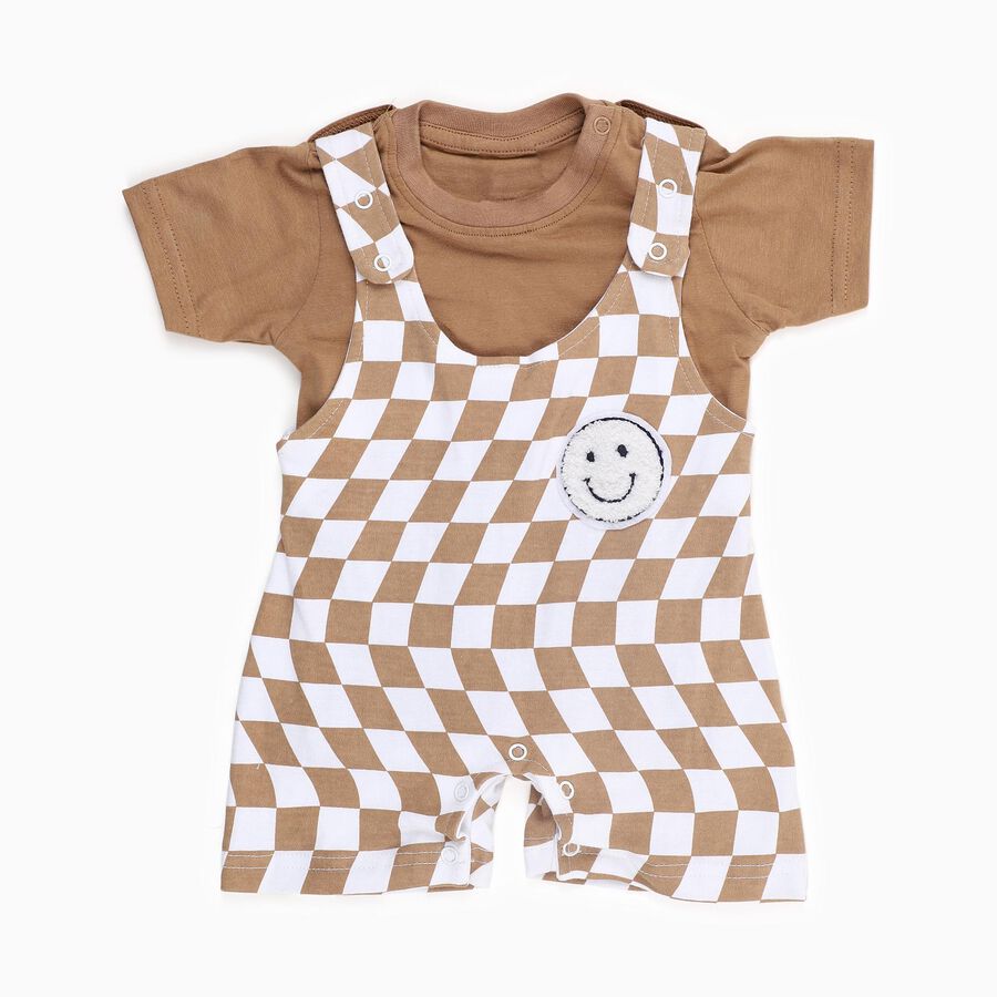 Infants' Beige Cotton Round Neck Checkered Baba Suit, Beige, large