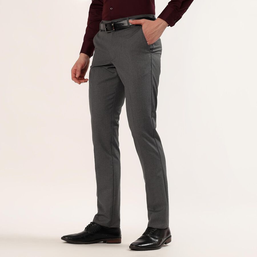 Men's Grey Slim Fit Flat-Front Formal Trousers, हल्का ग्रे, large