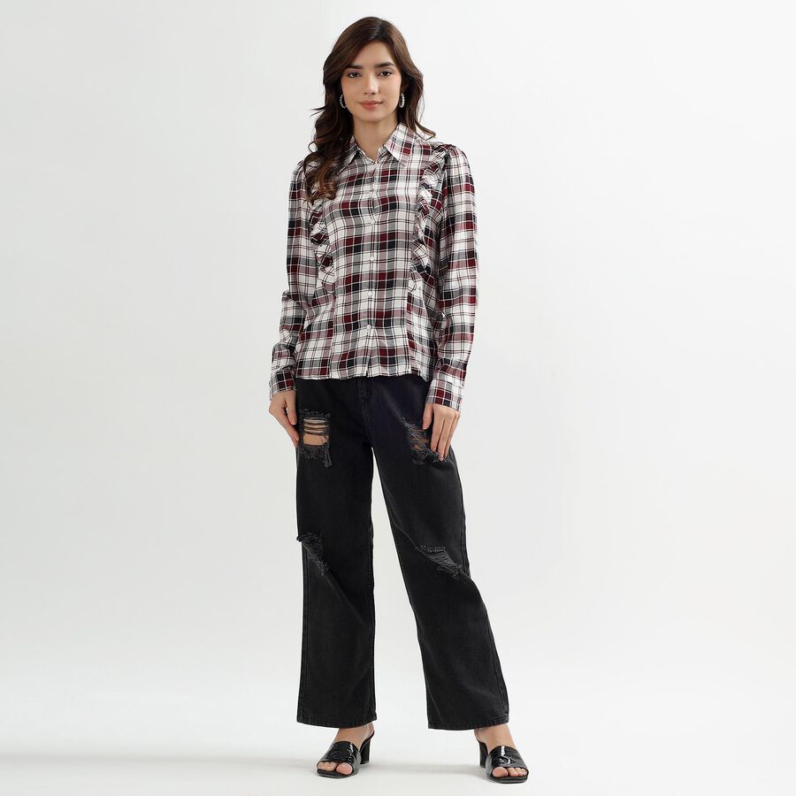 Ladies' White Checked Classic Collar Casual Shirt, Off White, large image number null