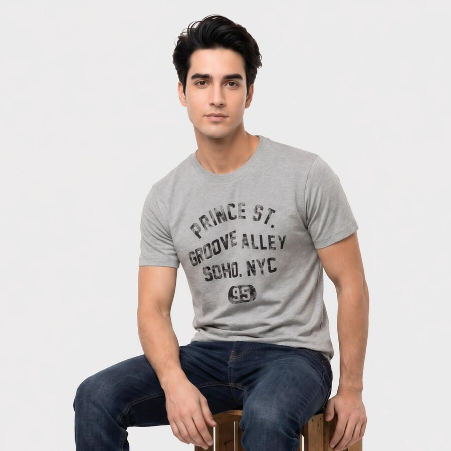 Men's Grey Round Neck Graphic Print Regular T-Shirt, Melange Mid Grey, large
