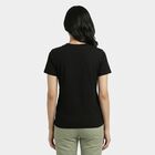 Women's Black Cotton Round Neck Casual T-Shirt, काला, small