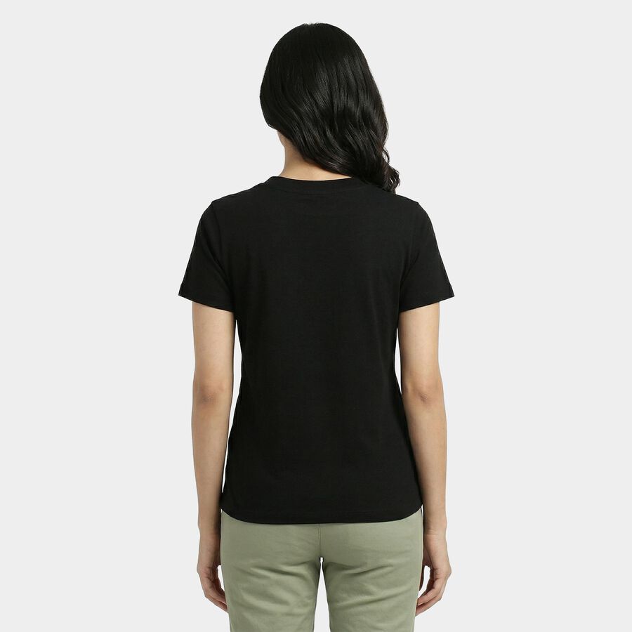 Women's Black Cotton Round Neck Casual T-Shirt, काला, large