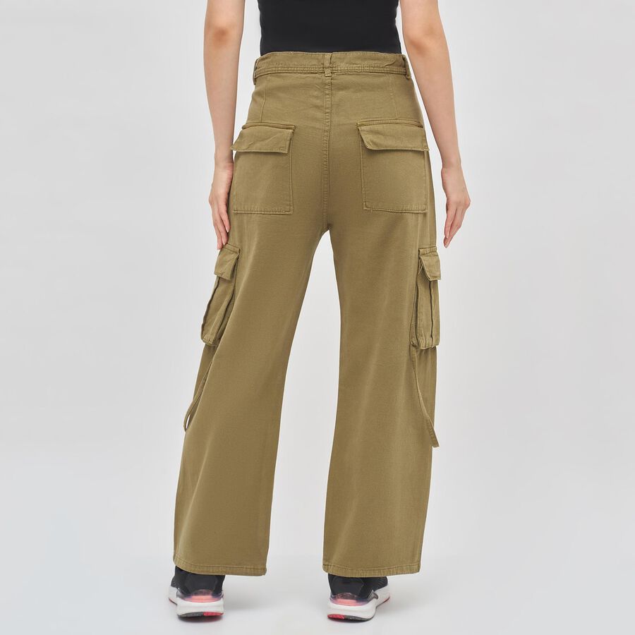 Women's Olive Green Wide-Leg Cargo Jeans, ओलिव, large image number null