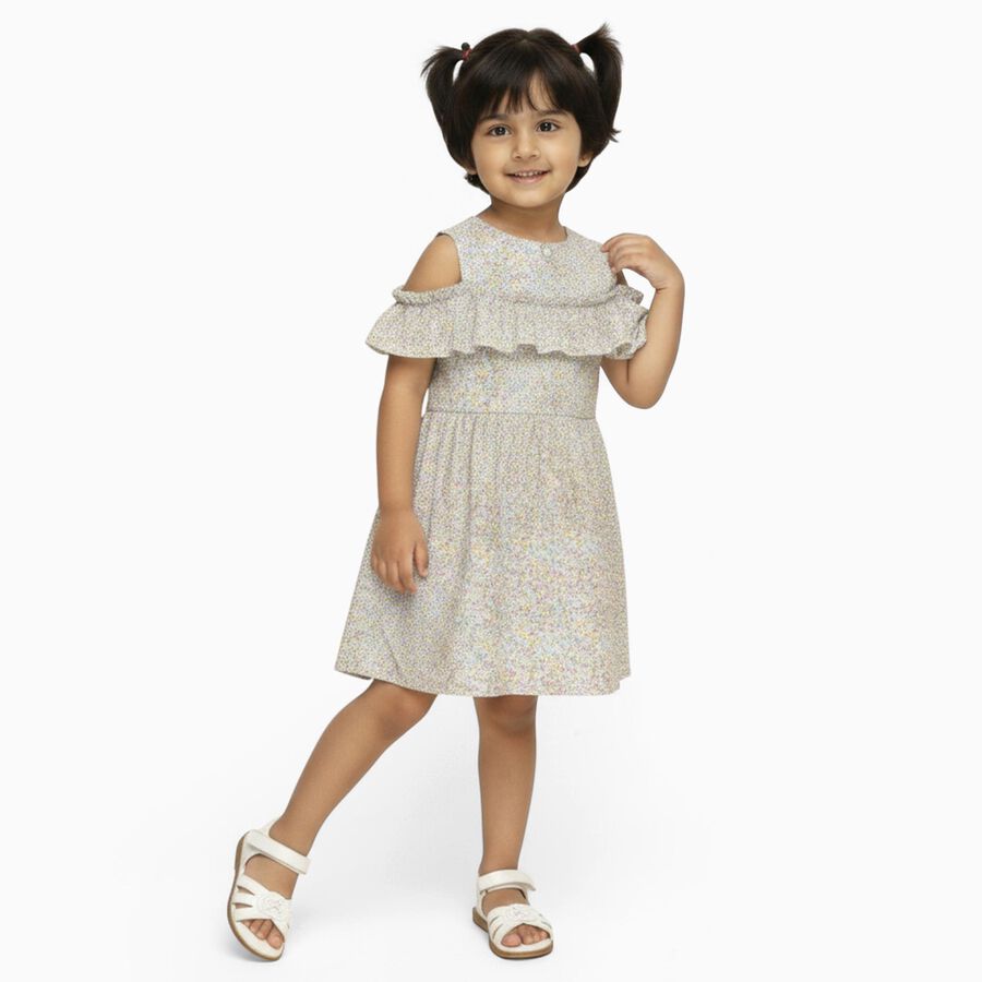 Girls' Pastel Floral Cold Shoulder Ruffle Frock, Off White, large image number null