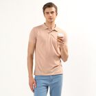 Men's Beige Polo Neck Solid T-Shirt, Beige, small