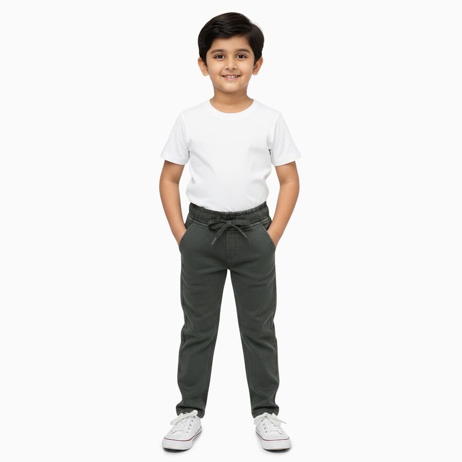 Boys' Dark Olive Green Regular Fit Elastic Waist Jeans, Olive, large image number null