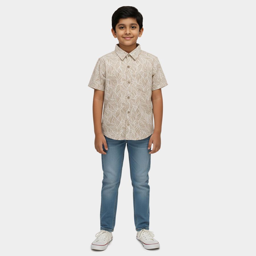 Boys' Beige Cotton Spread Collar Casual Shirt, Beige, large