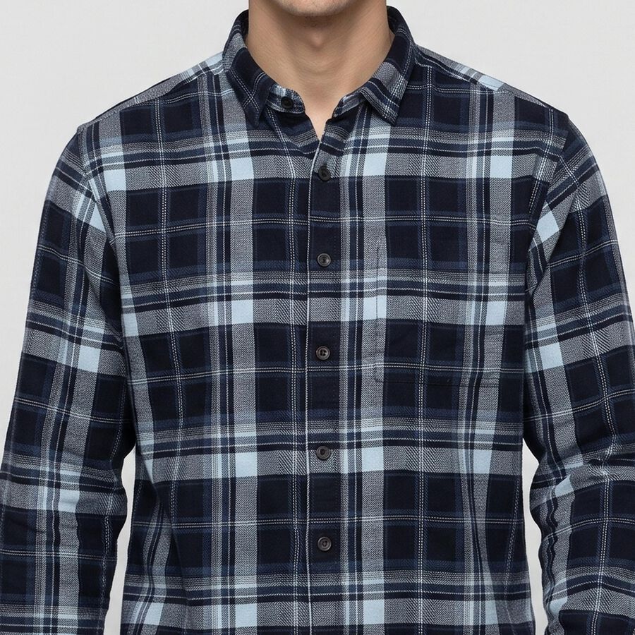 Men's Navy Blue Cotton Long Sleeve Spread Collar Casual Shirt, नेवी ब्लू, large