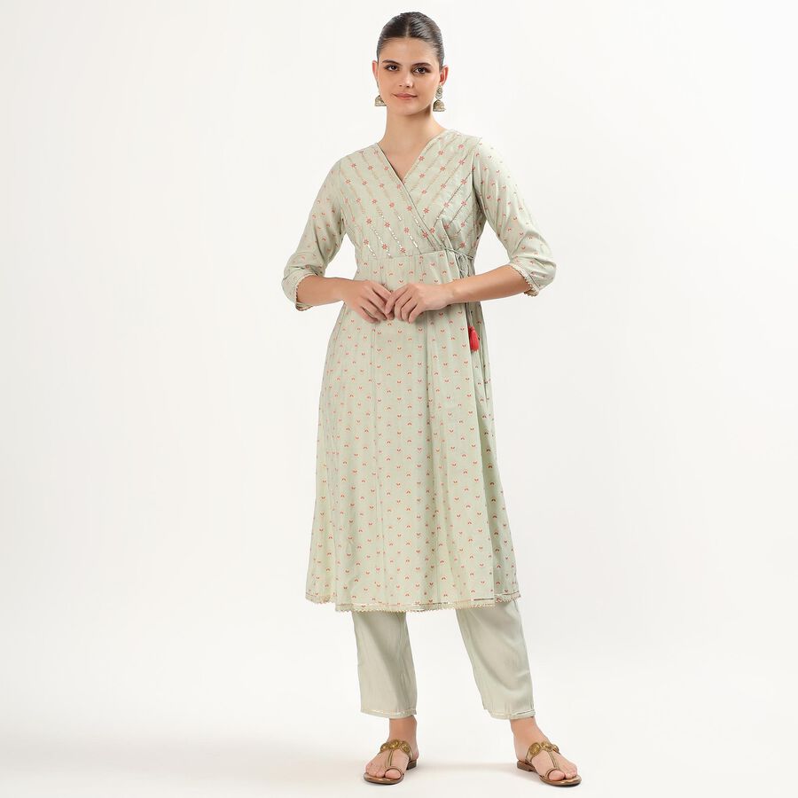 Women's Light Sage Green Floral Embroidered Ethnic Set, Light Green, large image number null