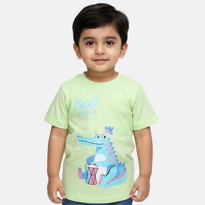 Boys' Mint Green Cotton Round Neck Graphic Printed T-Shirt