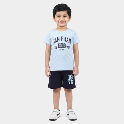 Boys' Light Blue 100% Cotton Round Neck Graphic Print Baba Suit