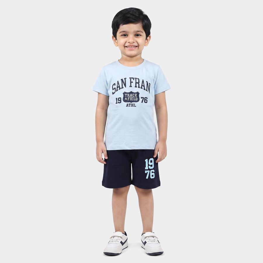 Boys' Light Blue 100% Cotton Round Neck Graphic Print Baba Suit, Mid Blue, large