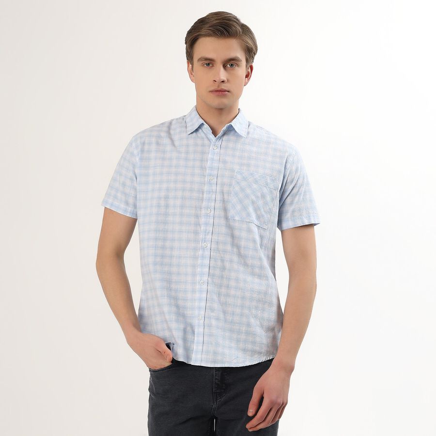 Men's Light Blue Cotton Half Sleeve Classic Casual Shirt, Light Blue, large