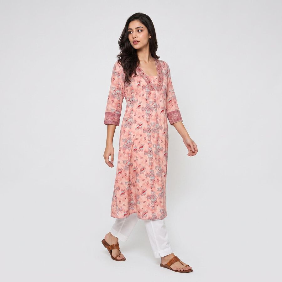 Women's Pink V-Neck Printed Kurta, गुलाबी, large