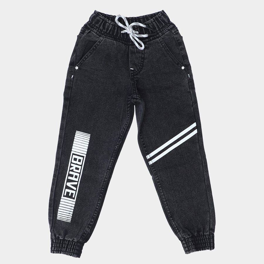 Boys' Dark Grey Charcoal Jogger Fit Printed Jeans, Dark Grey, large