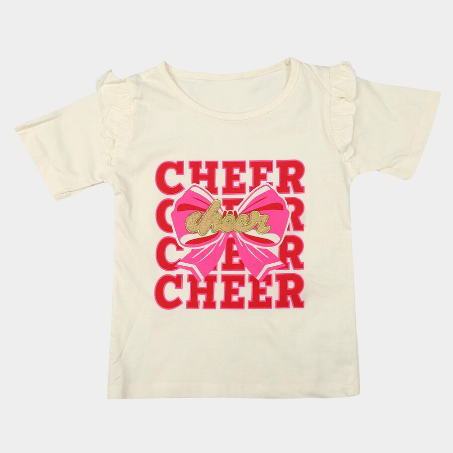 Girls Off White Cotton Round Neck Regular T-Shirt, Off White, large