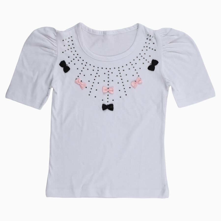 Girls Bright Snow White Cotton Round Neck Casual T-Shirt, White, large