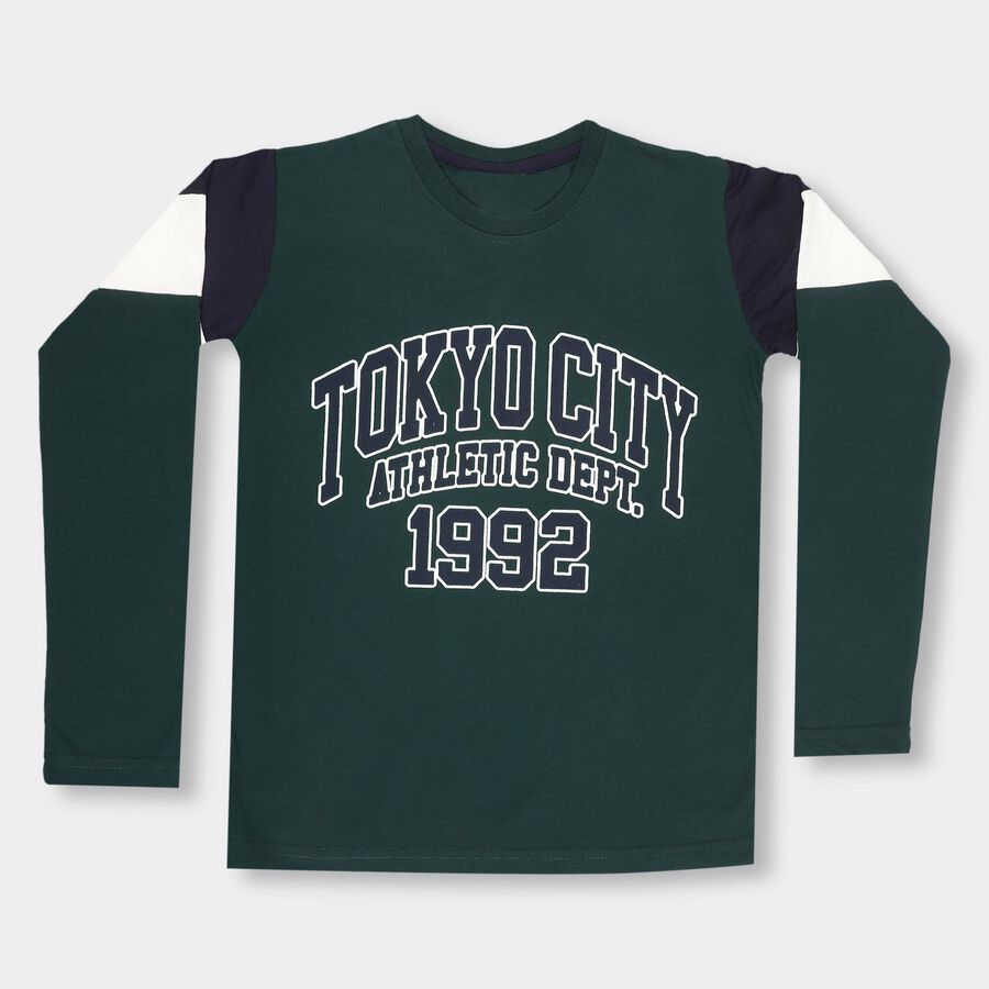 Boys' Dark Green Crew Neck Casual T-Shirt, Dark Green, large image number null