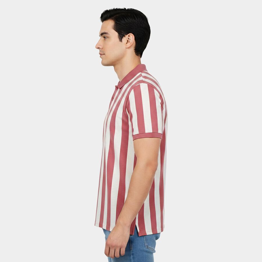 Men's Pink Polo Neck Striped T-Shirt, गुलाबी, large