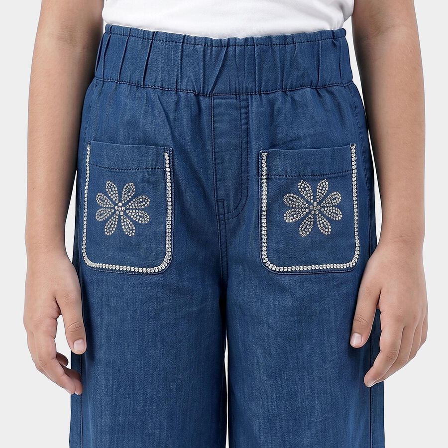 Girls Blue Straight Fit Embellished Jeans, मध्यम नीला, large
