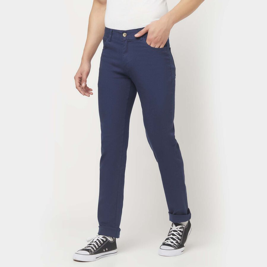Solid Slim Fit Casual Trousers, Dark Blue, large image number null