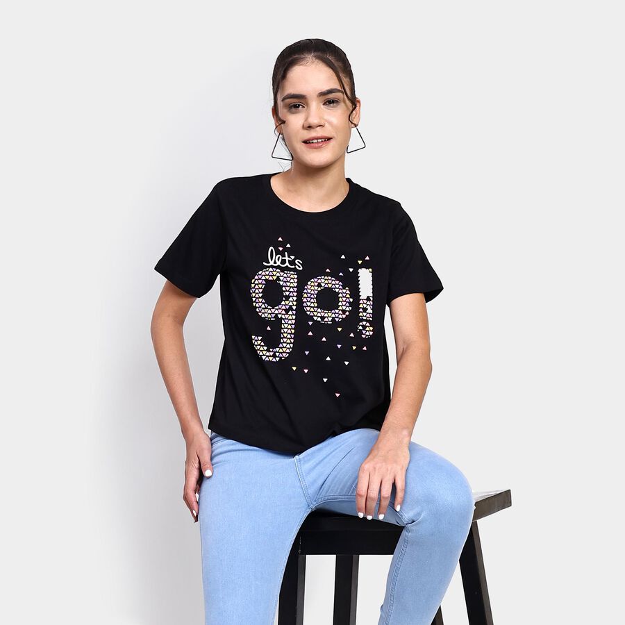 Ladies' 100% Cotton Round Neck T-Shirt , काला, large image number null