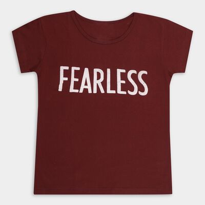 Girls' Deep Maroon Cotton Round Neck Casual T-Shirt