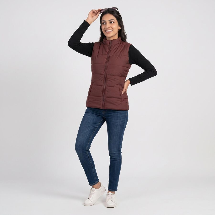 Women's Maroon Stand Collar Puffer Jacket, Wine, large