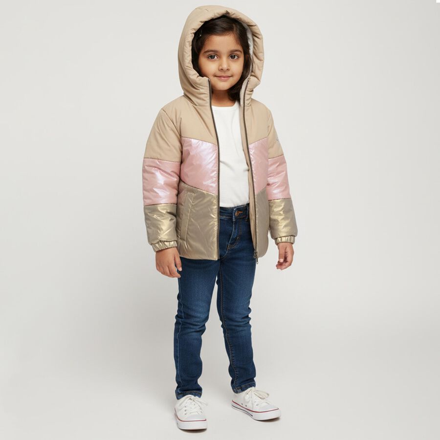 Girls Beige and Pink Hooded Casual Jacket, Beige, large image number null