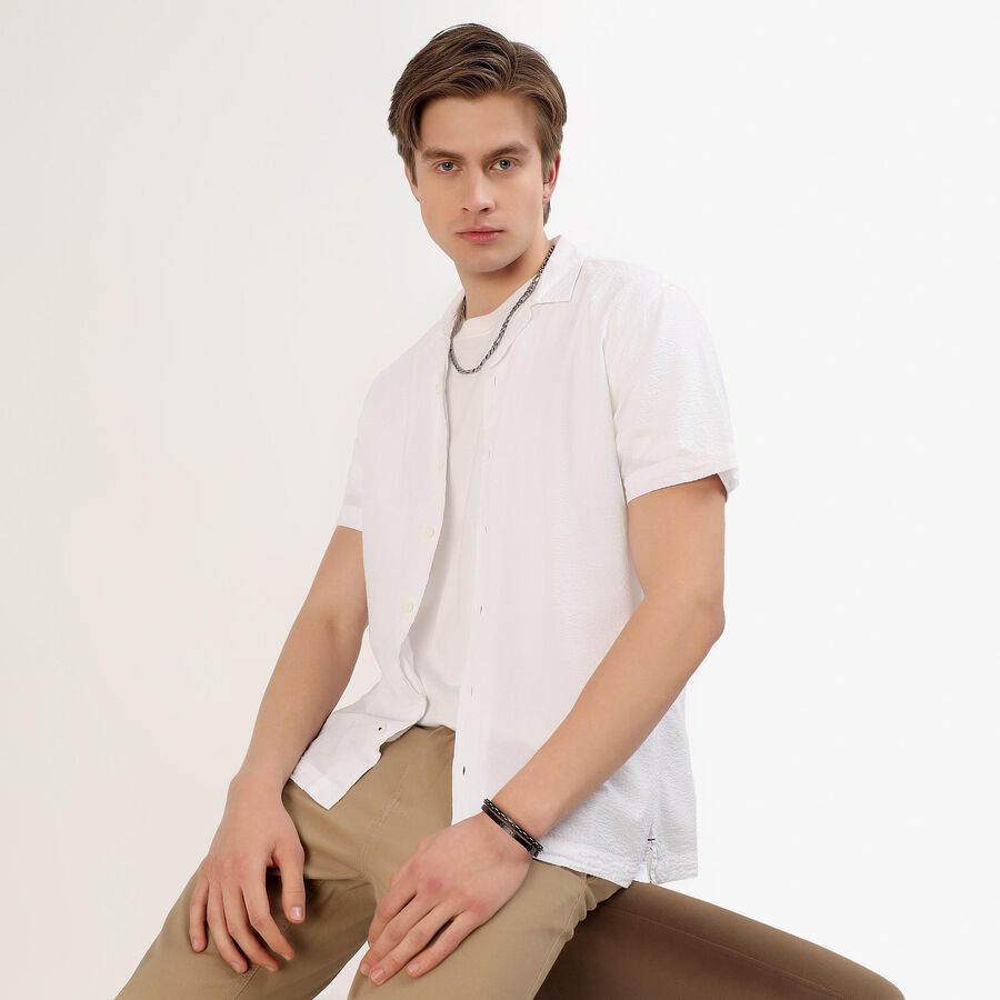 Men's White Cotton Half Sleeve Spread Collar Casual Shirt, White, large image number null