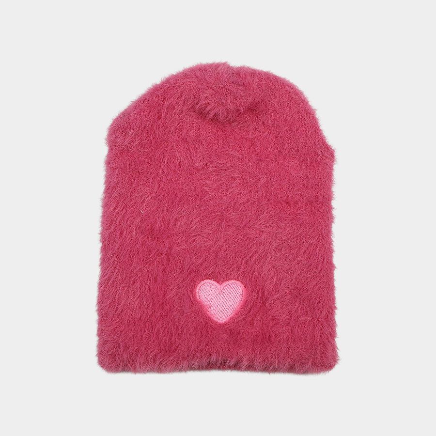 Girls' Purple Heart Detail Beanie Cap, बैंगनी, large
