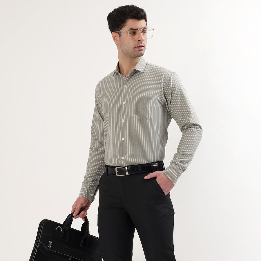 Men's Sage Green Spread Collar Striped Formal Shirt, Dark Green, large