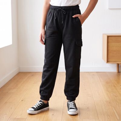Girls Black Jogger Fit Solid Cargo Pocket Pyjama